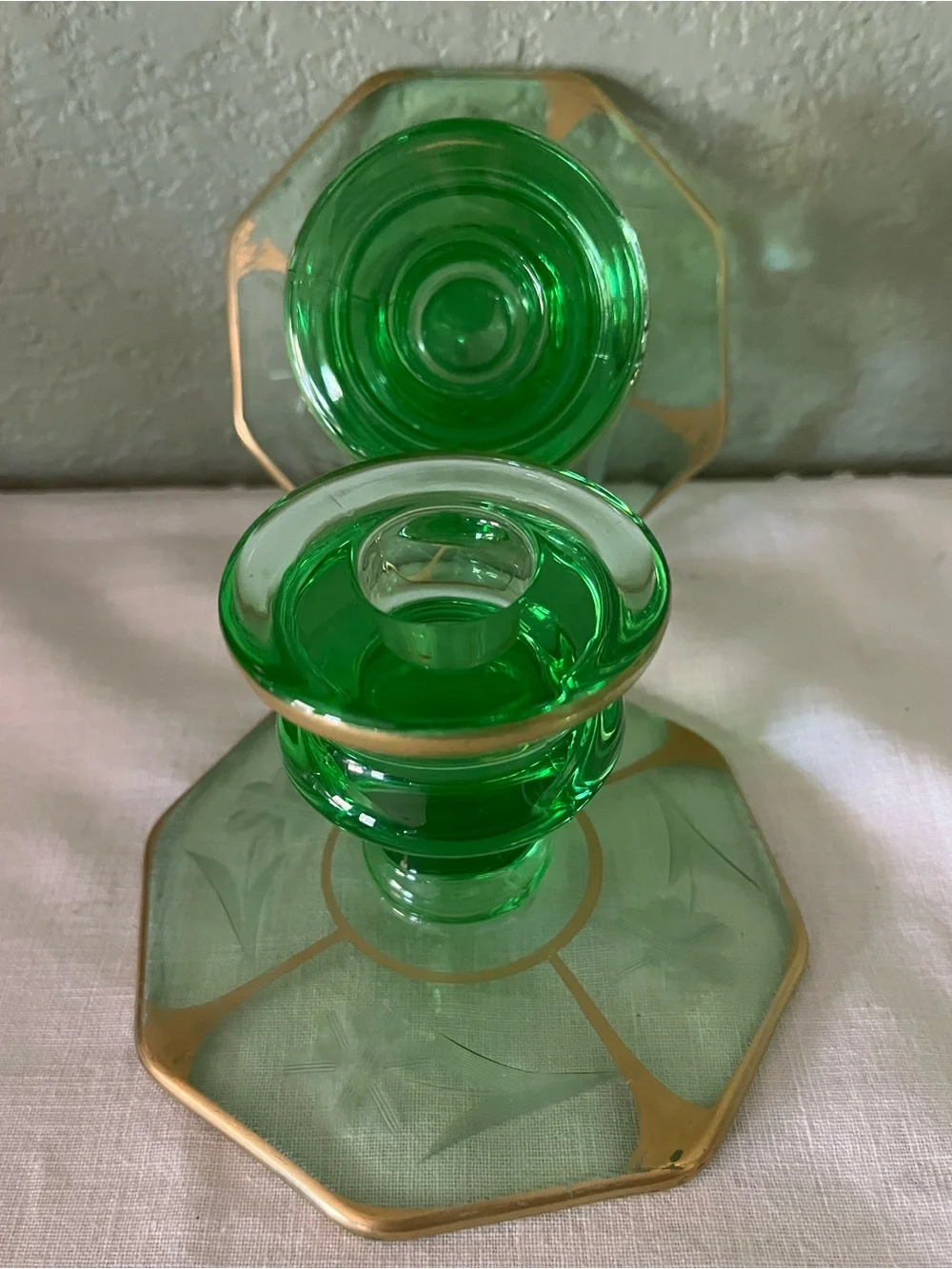 Antique 1930s Uranium Glass Etched Floral Gold Candlesticks Pair